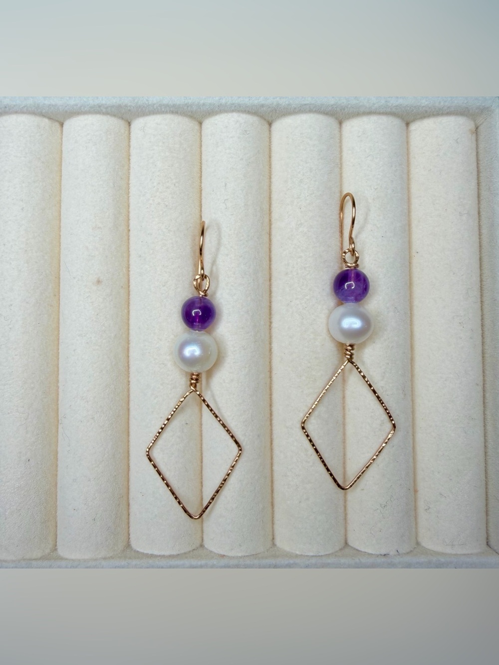 Geometric Amethyst and Pearl Dangle Earrings